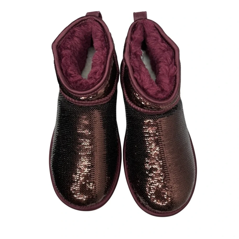 UGG Women's Classic Burgundy Sequin Ultra Mini Mirror Ball Booties. Sz 7